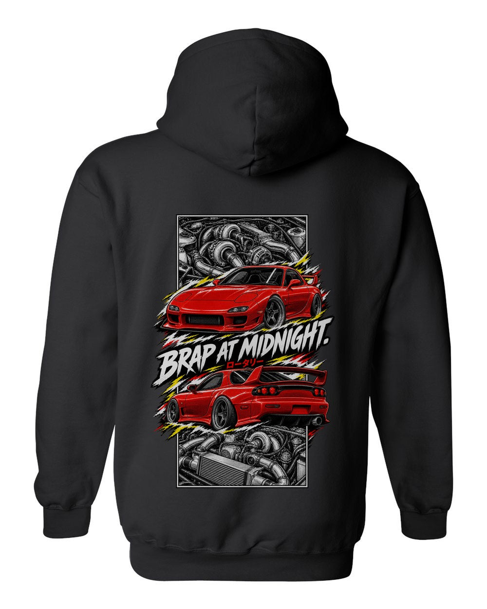 Mazda RX-7 Fd3S torn poster black pull over hoodie back view with the design