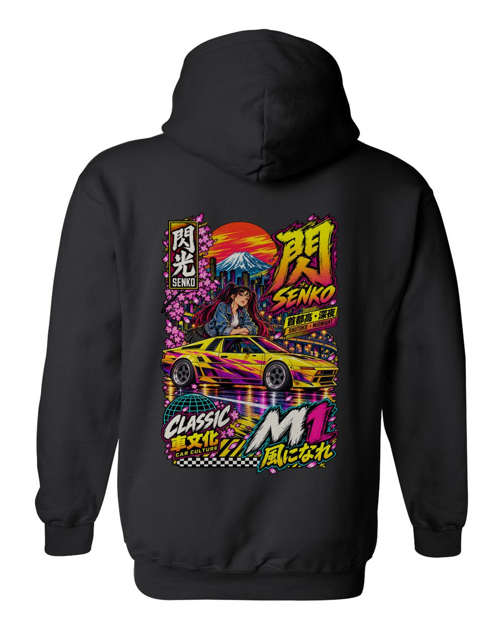 SENKO M1 full-back artwork black pull over hoodie back view with the design