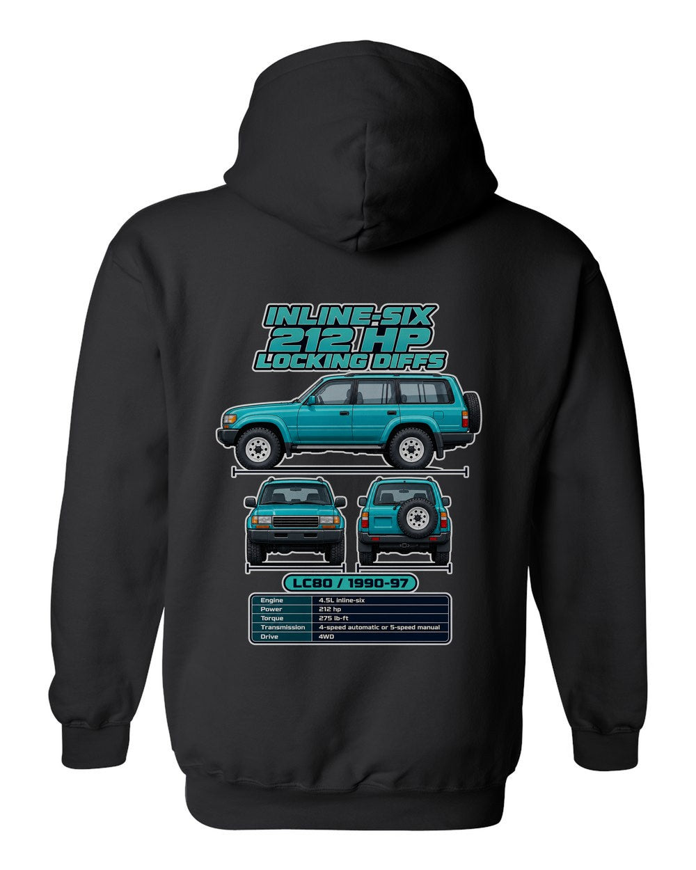 Toyota Land Cruiser 80 spec sheet black pull over hoodie back view with the design