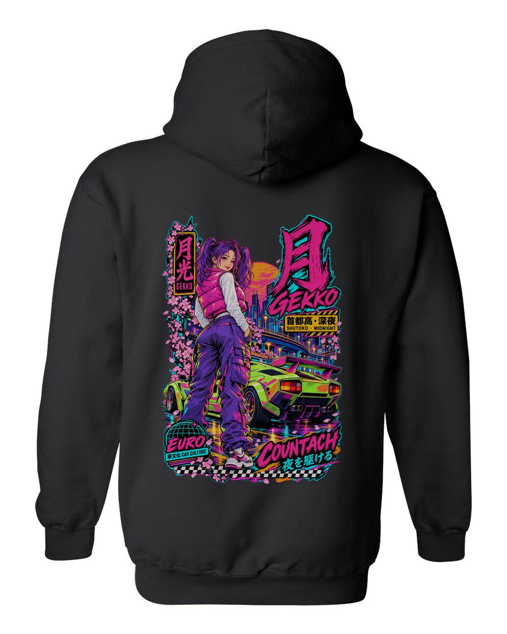 GEKKO COUNTACH full-back artwork black pull over hoodie back view with the design