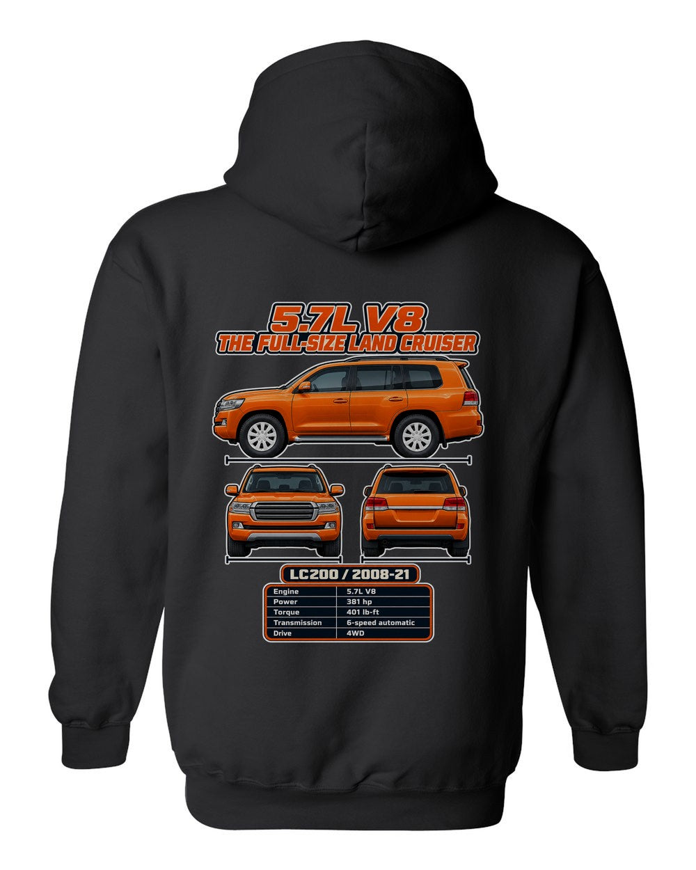 Toyota Land Cruiser 200 spec sheet black pull over hoodie back view with the design