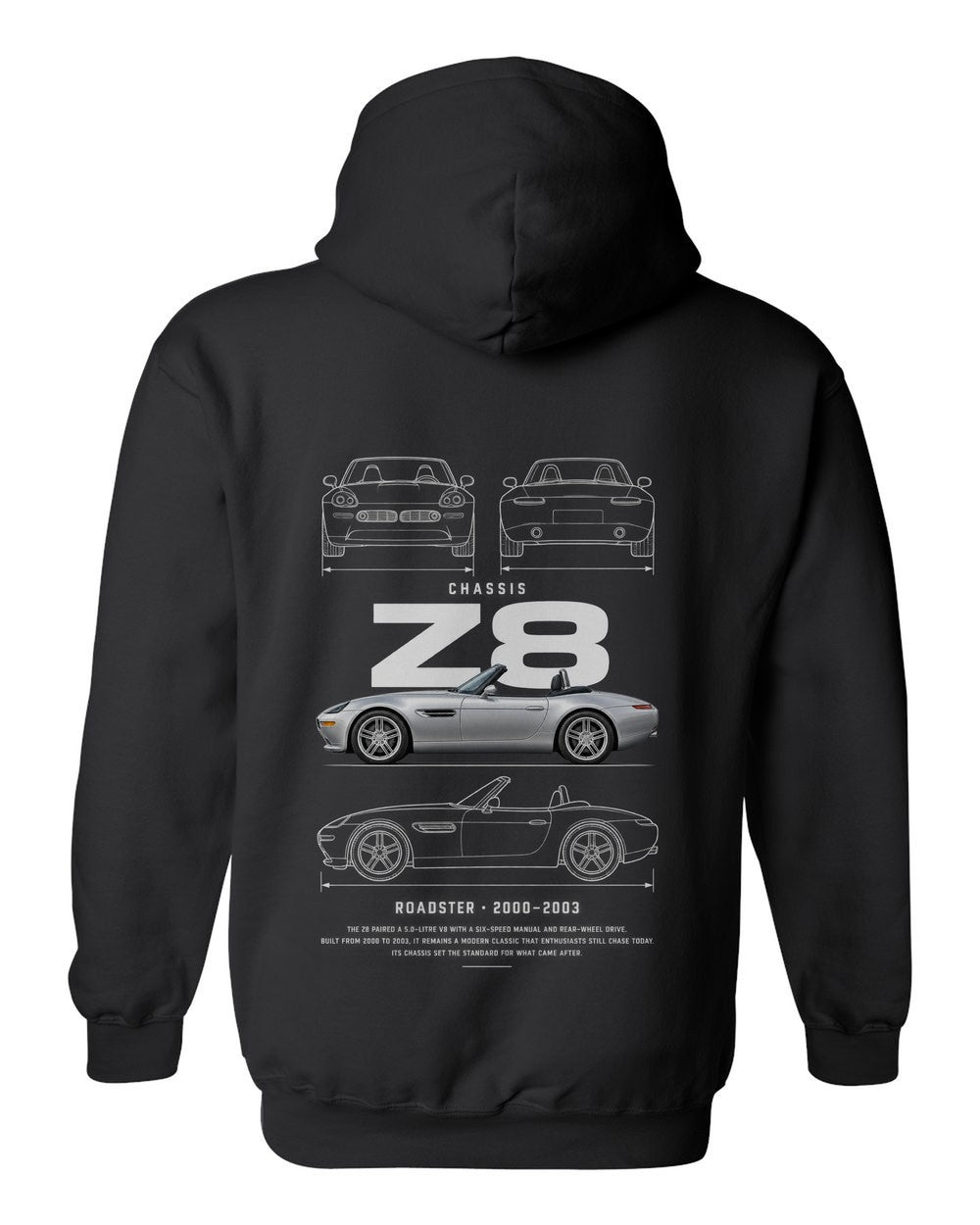 Z8 full-back artwork black pull over hoodie back view with the design