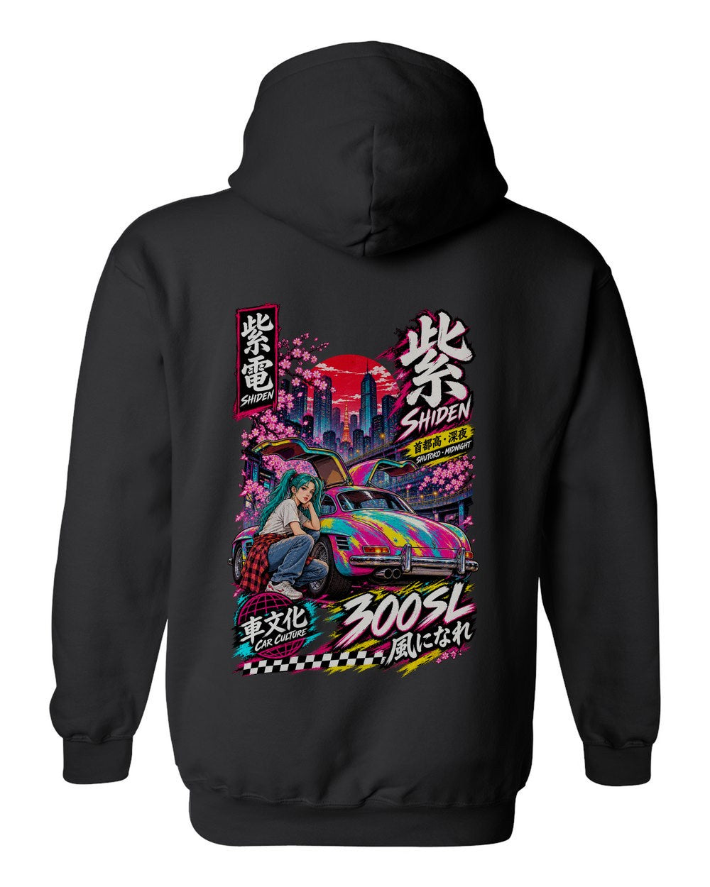 SHIDEN 300SL full-back artwork black pull over hoodie back view with the design