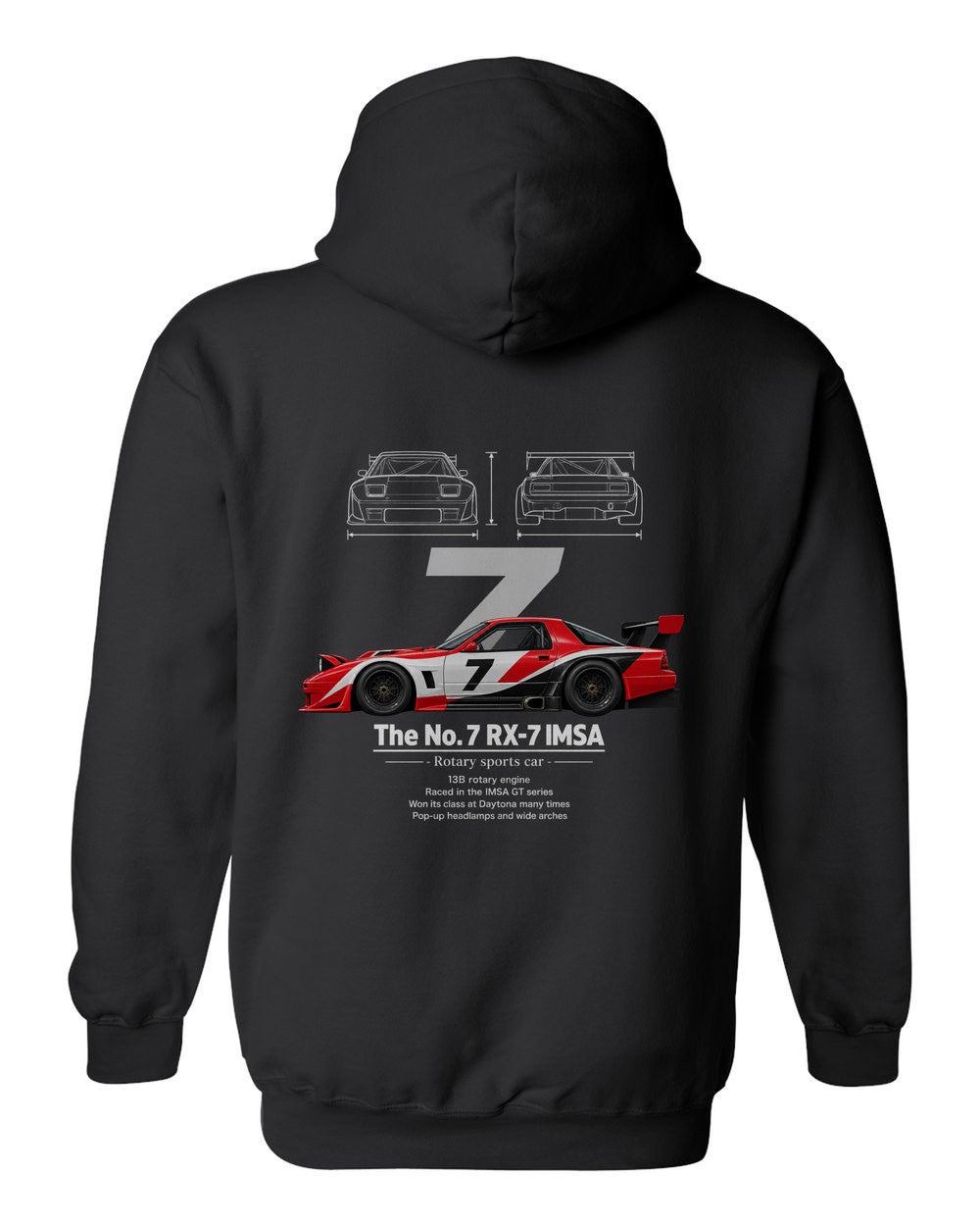 No. 7 RX-7 IMSA black pull over hoodie back view with the design