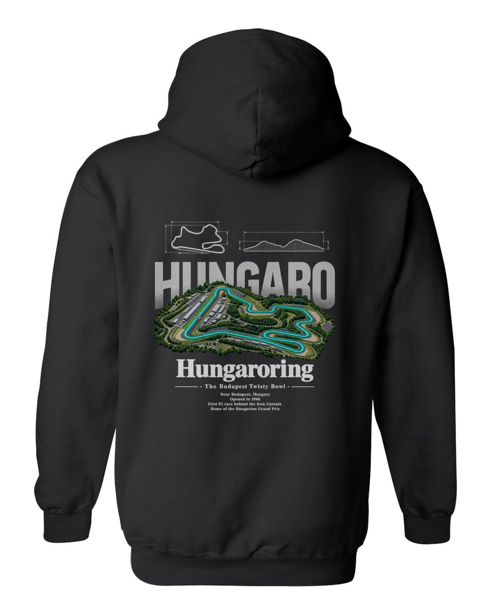 Hungaroring black pull over hoodie back view with the design