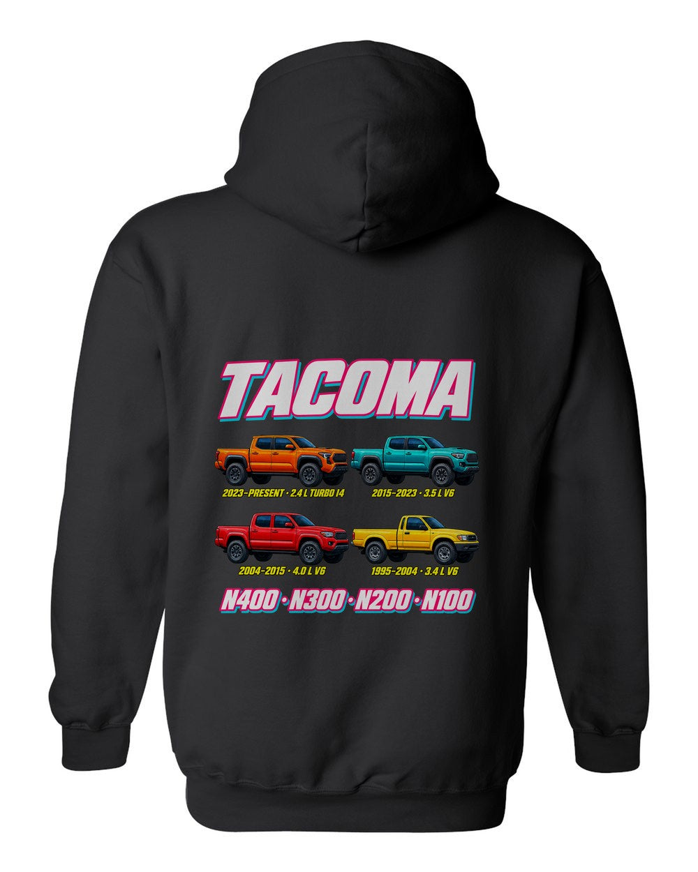 Toyota Tacoma evolution poster black pull over hoodie back view with the design