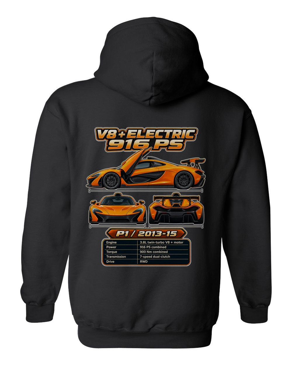Mclaren P1 spec sheet black pull over hoodie back view with the design