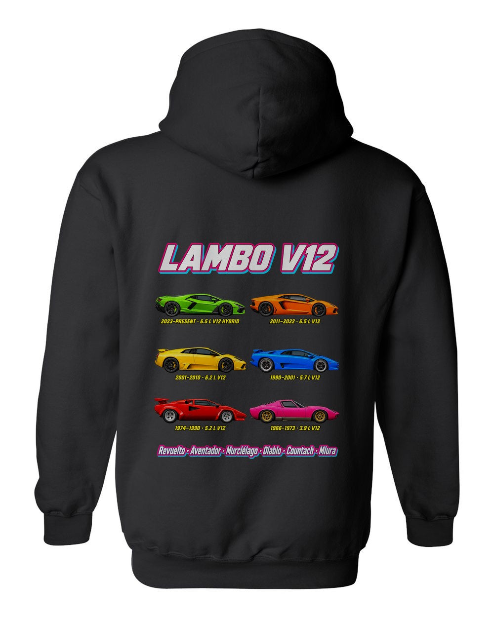 Lamborghini V12 evolution poster black pull over hoodie back view with the design