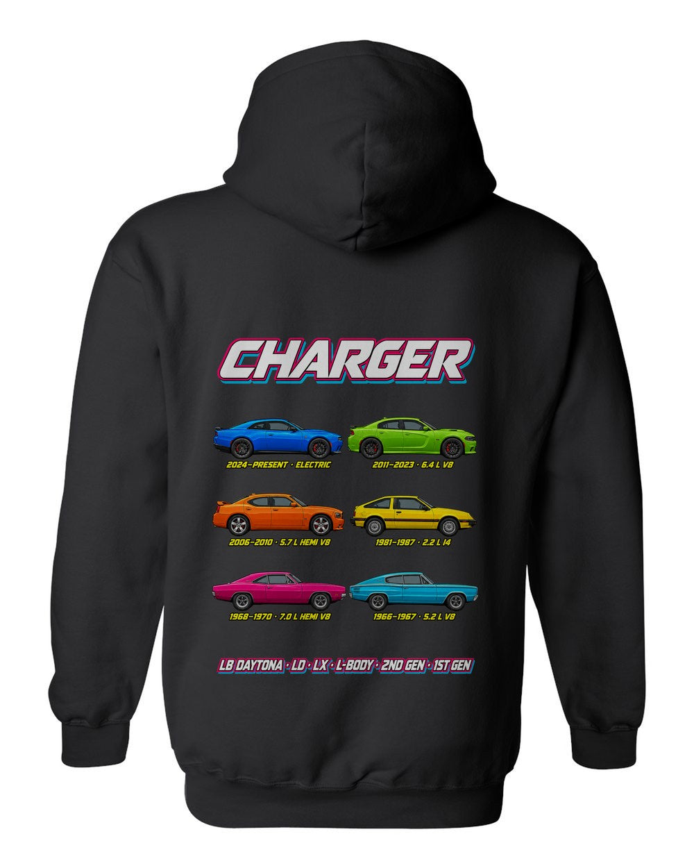 Dodge Charger evolution poster black pull over hoodie back view with the design