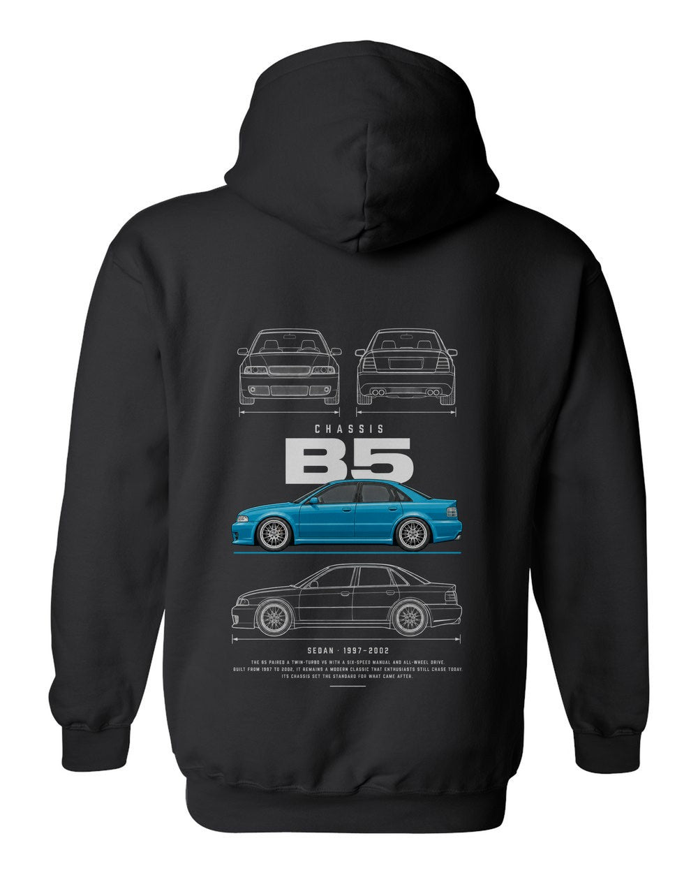 B5 full-back artwork black pull over hoodie back view with the design