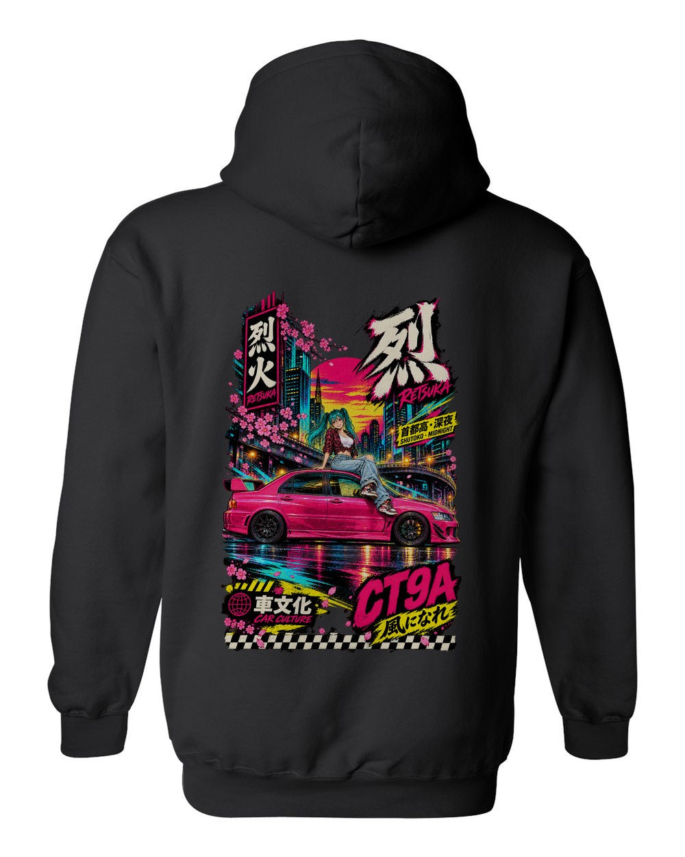 RETSUKA CT9A full-back artwork black pull over hoodie back view with the design