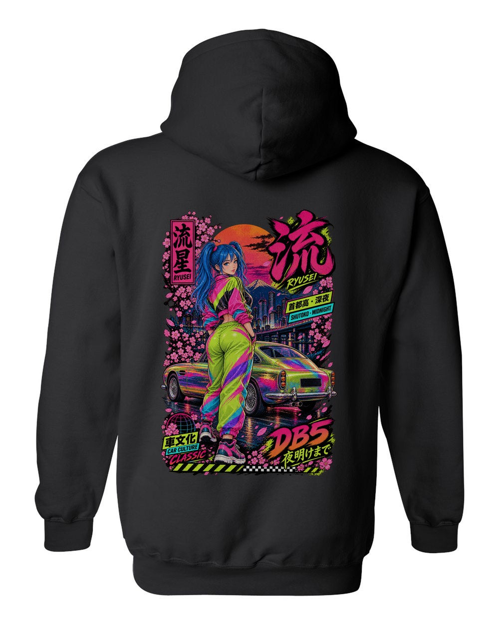 RYUSEI DB5 full-back artwork black pull over hoodie back view with the design