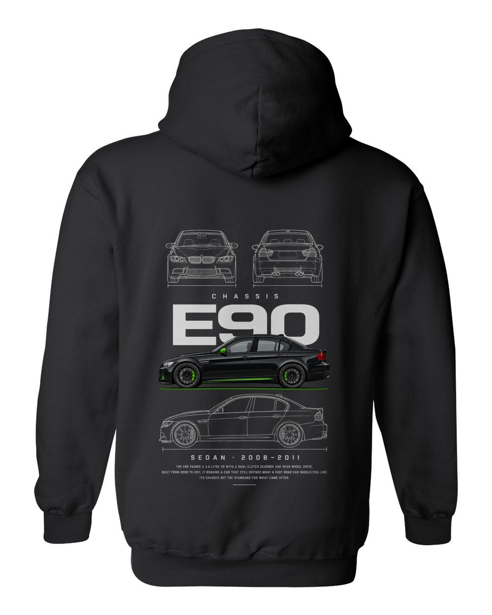 E90 full-back artwork black pull over hoodie back view with the design