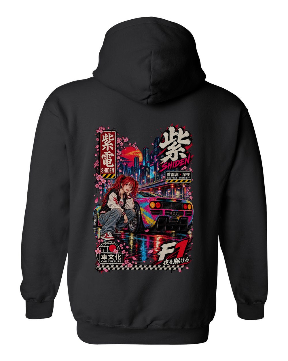 SHIDEN F1 full-back artwork black pull over hoodie back view with the design