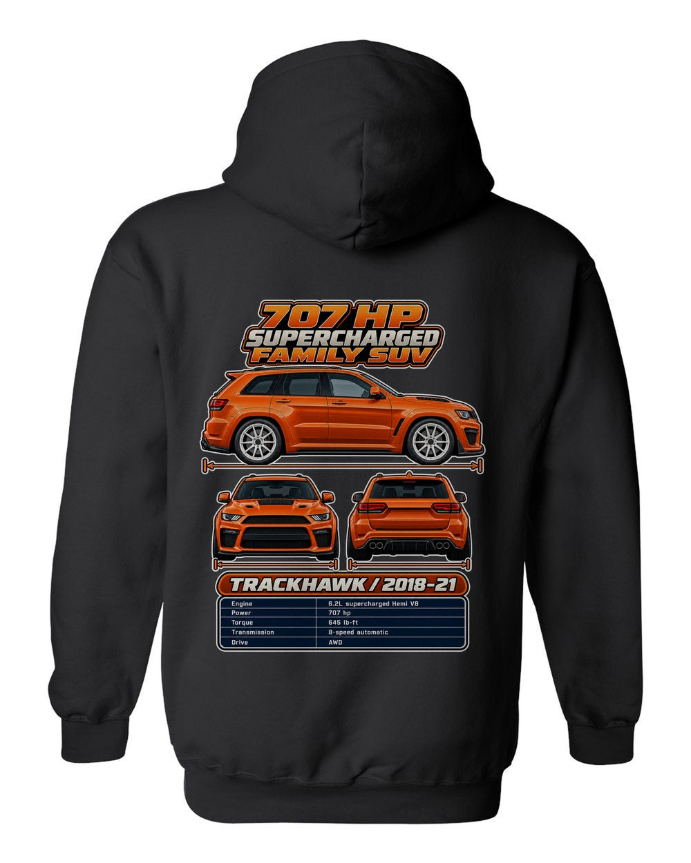 Jeep Grand Cherokee Trackhawk spec sheet black pull over hoodie back view with the design