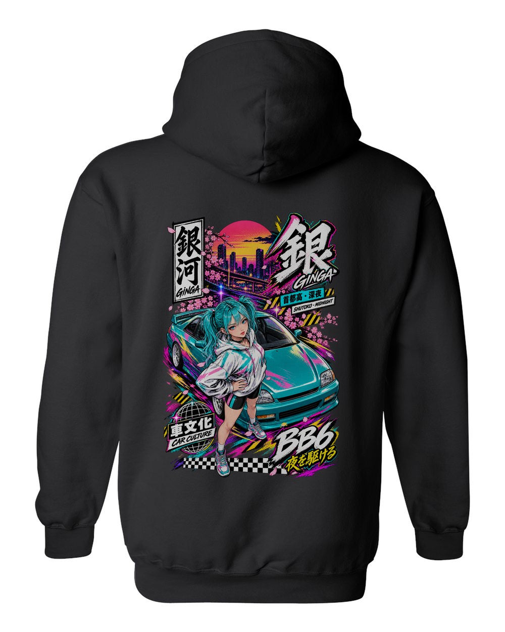 GINGA BB6 full-back artwork black pull over hoodie back view with the design
