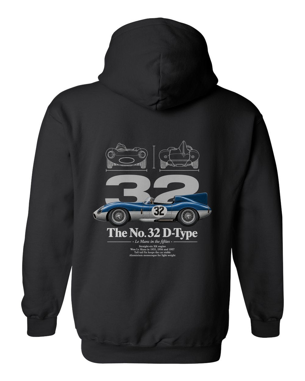 No. 32 D-Type black pull over hoodie back view with the design