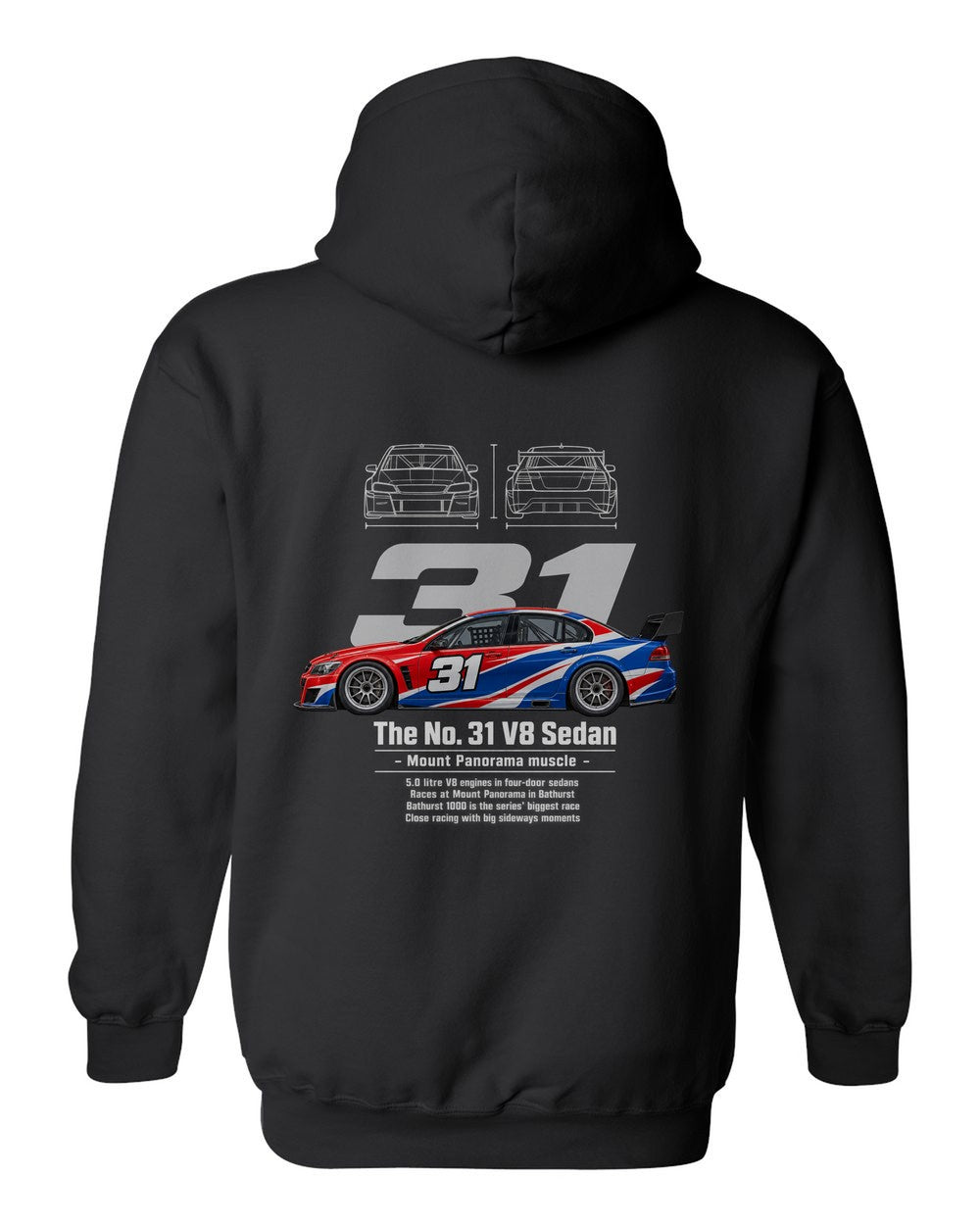 No. 31 V8 Sedan black pull over hoodie back view with the design