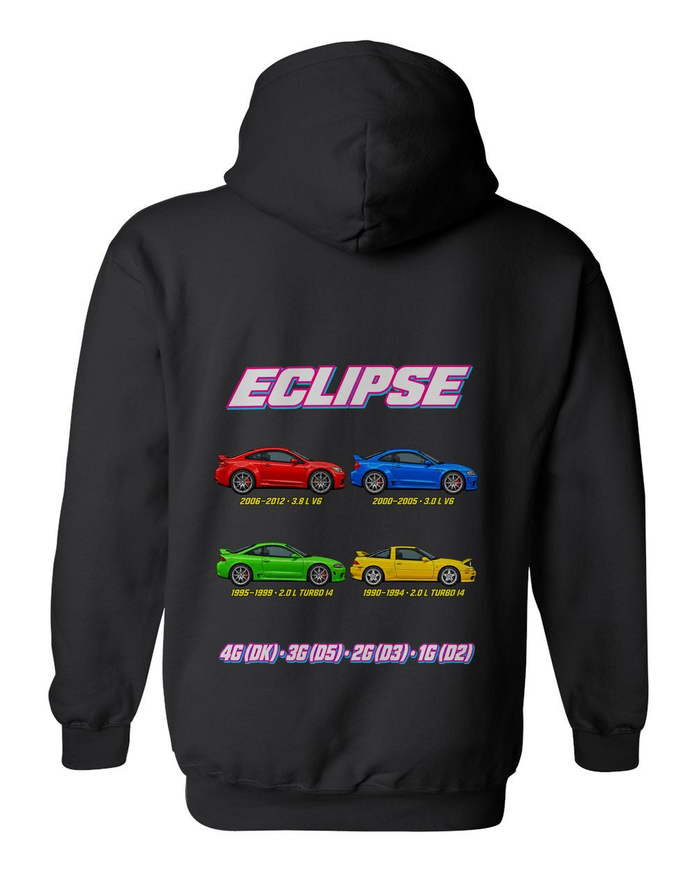 Mitsubishi Eclipse evolution poster black pull over hoodie back view with the design