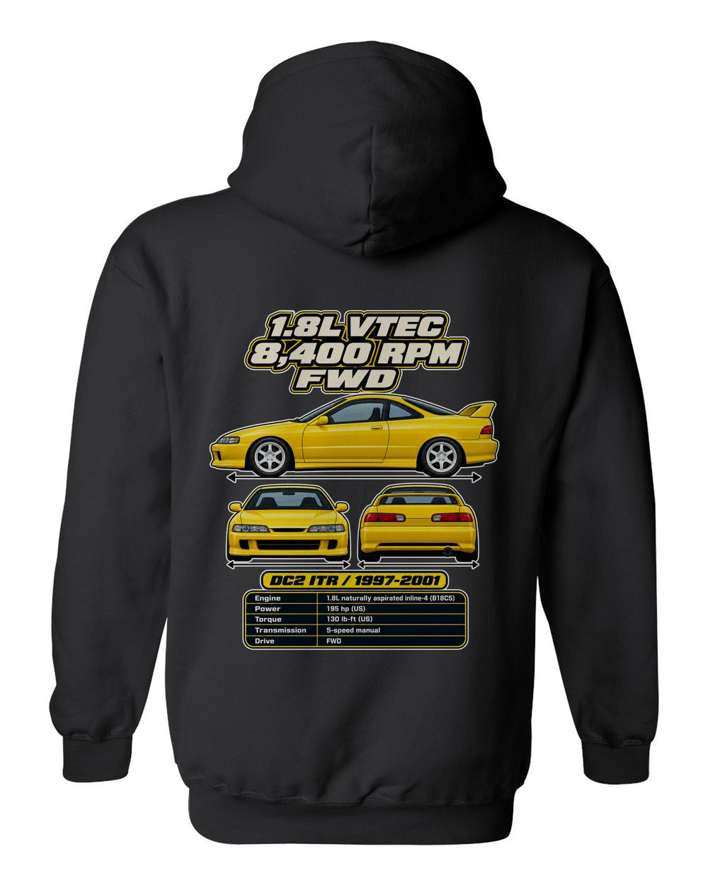 Acura Integra Type R Dc2 spec sheet black pull over hoodie back view with the design