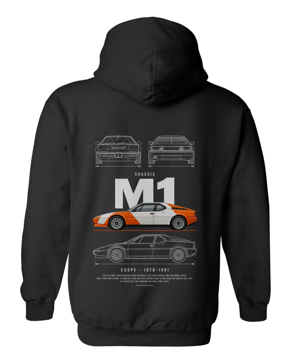 M1 full-back artwork black pull over hoodie back view with the design