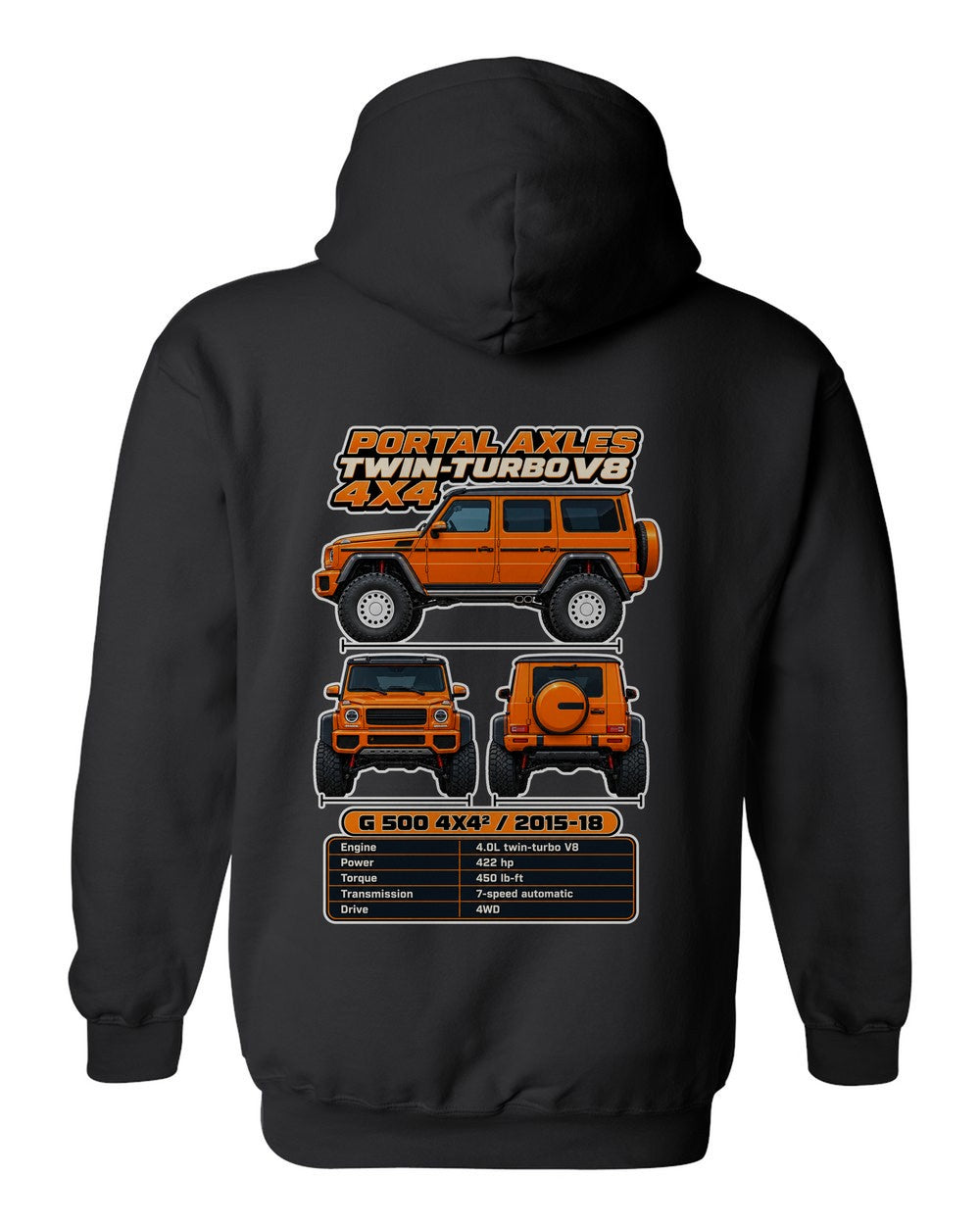 Mercedes G500 4X4 Squared spec sheet black pull over hoodie back view with the design
