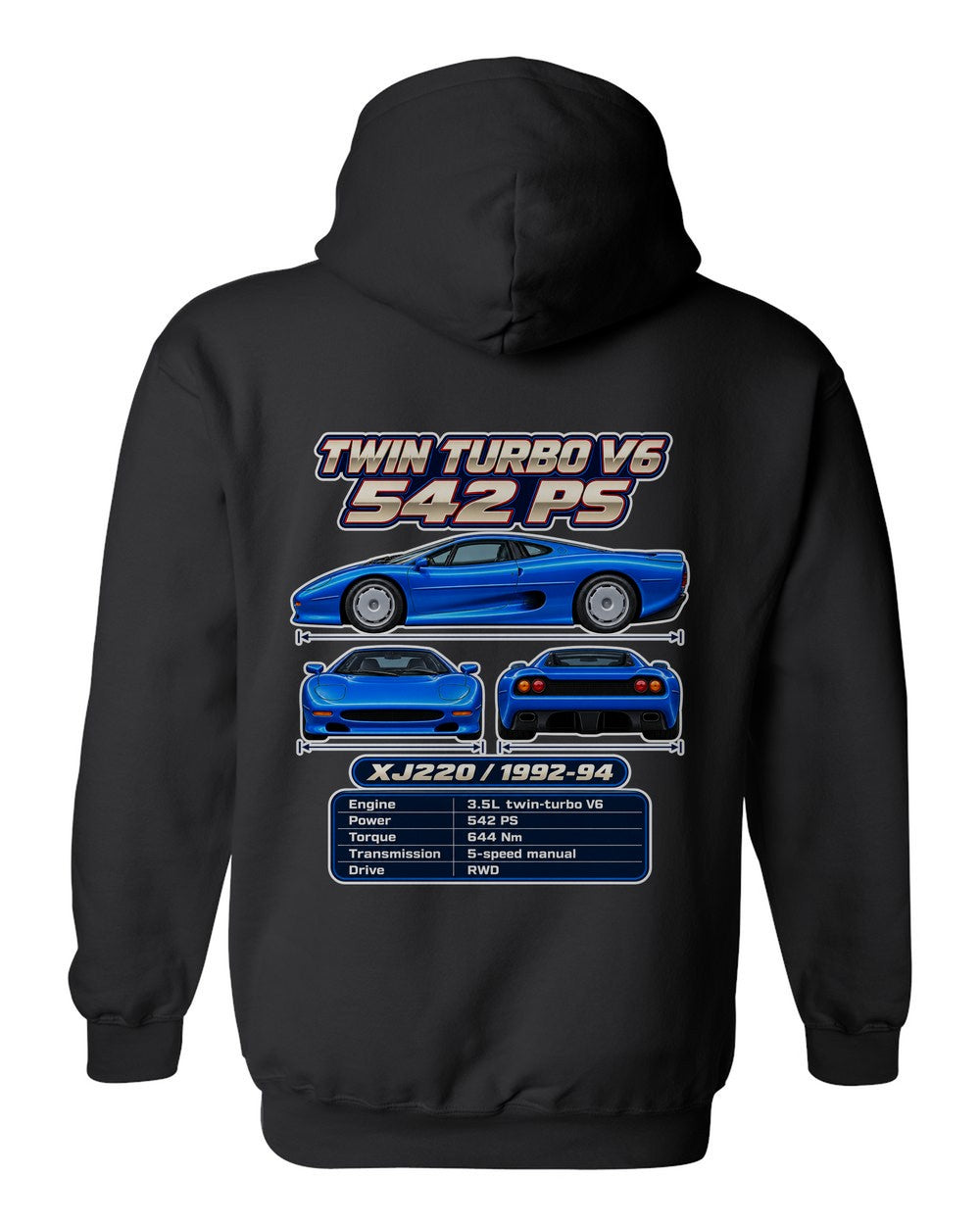 Jaguar Xj220 spec sheet black pull over hoodie back view with the design