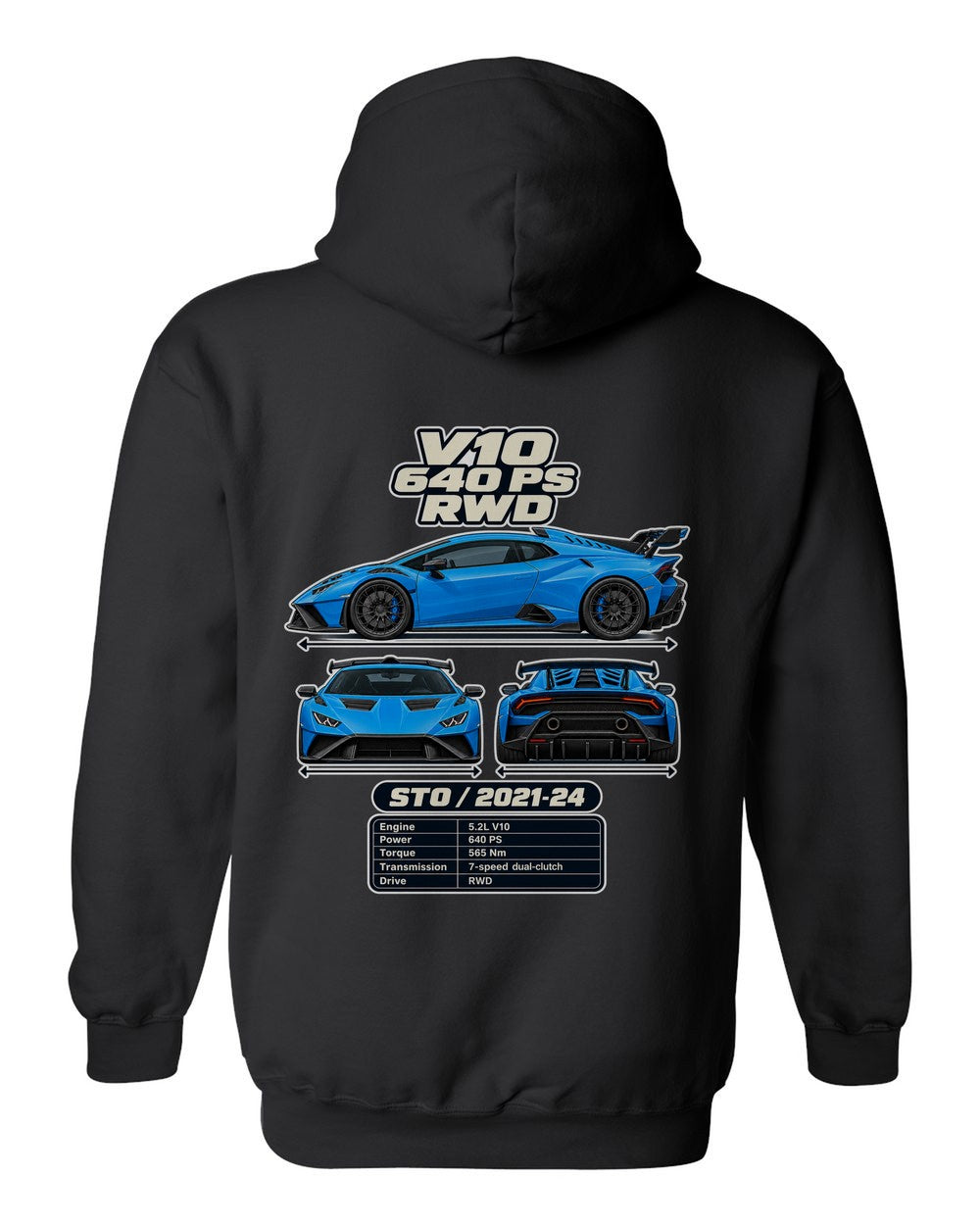 Lamborghini Huracan Sto spec sheet black pull over hoodie back view with the design