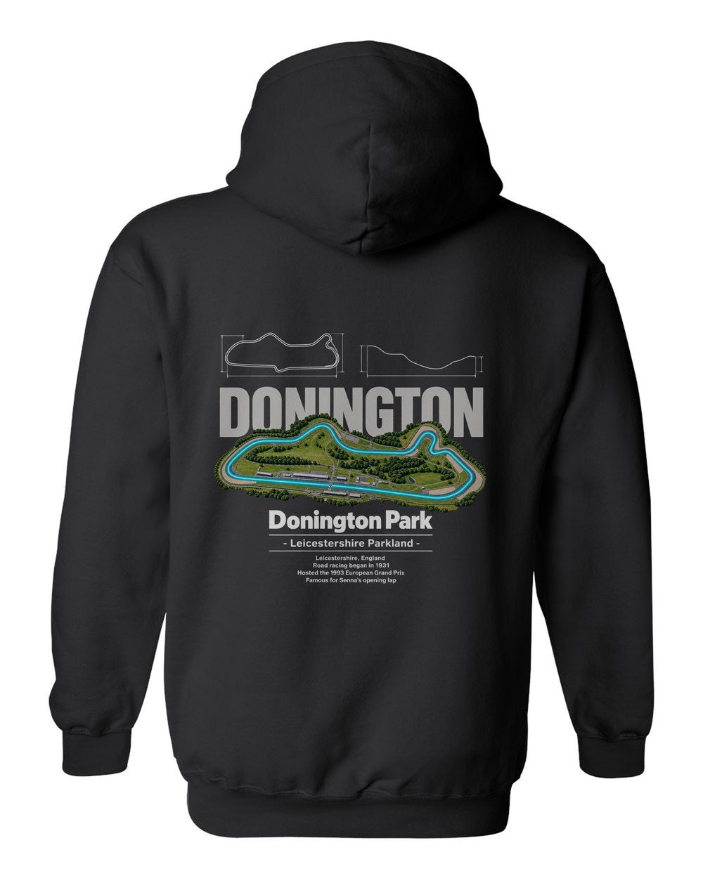 Donington Park black pull over hoodie back view with the design