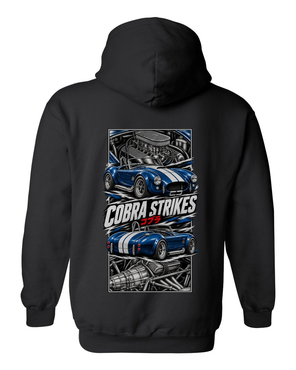 Shelby Cobra 427 torn poster black pull over hoodie back view with the design
