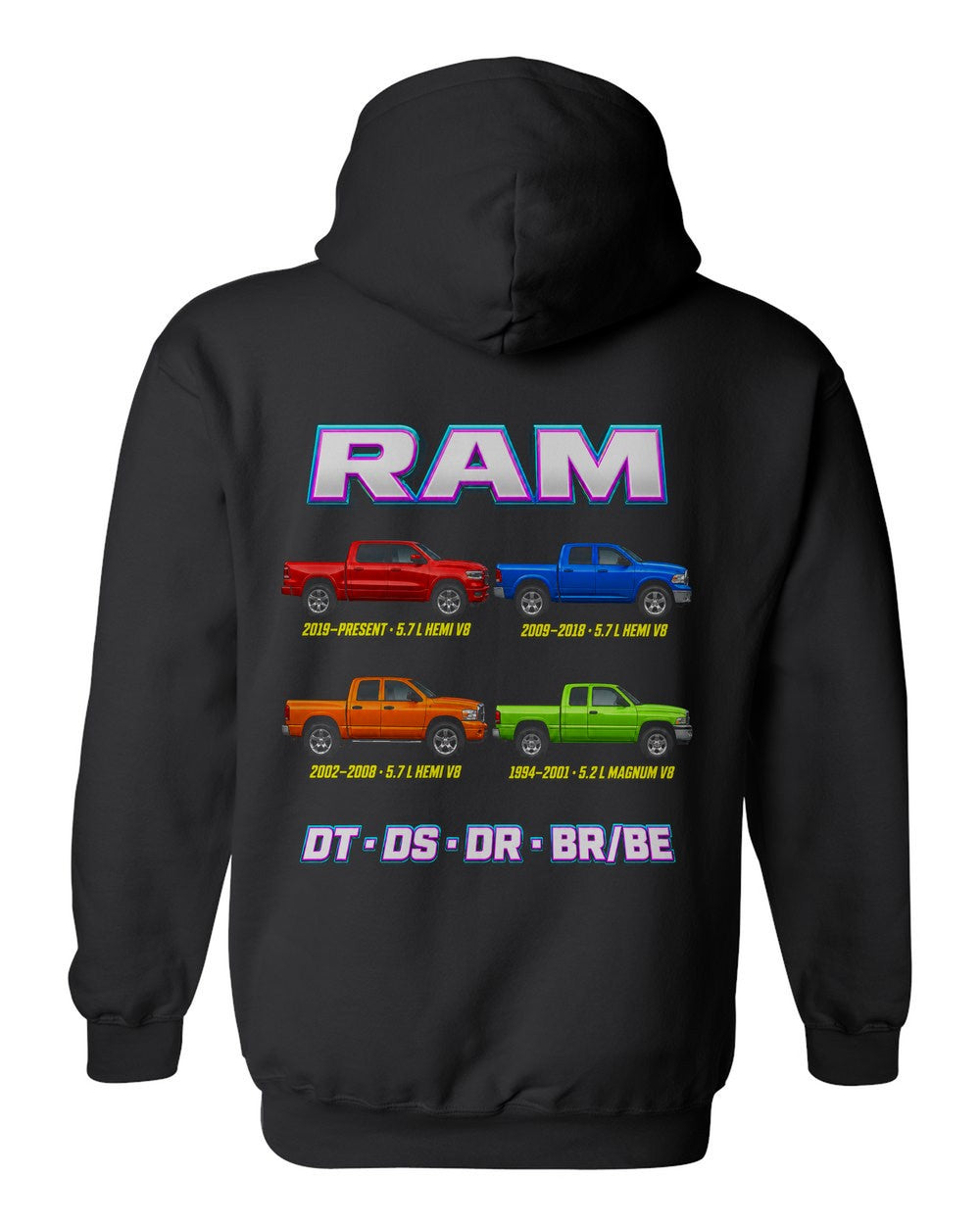 RAM 1500 evolution poster black pull over hoodie back view with the design