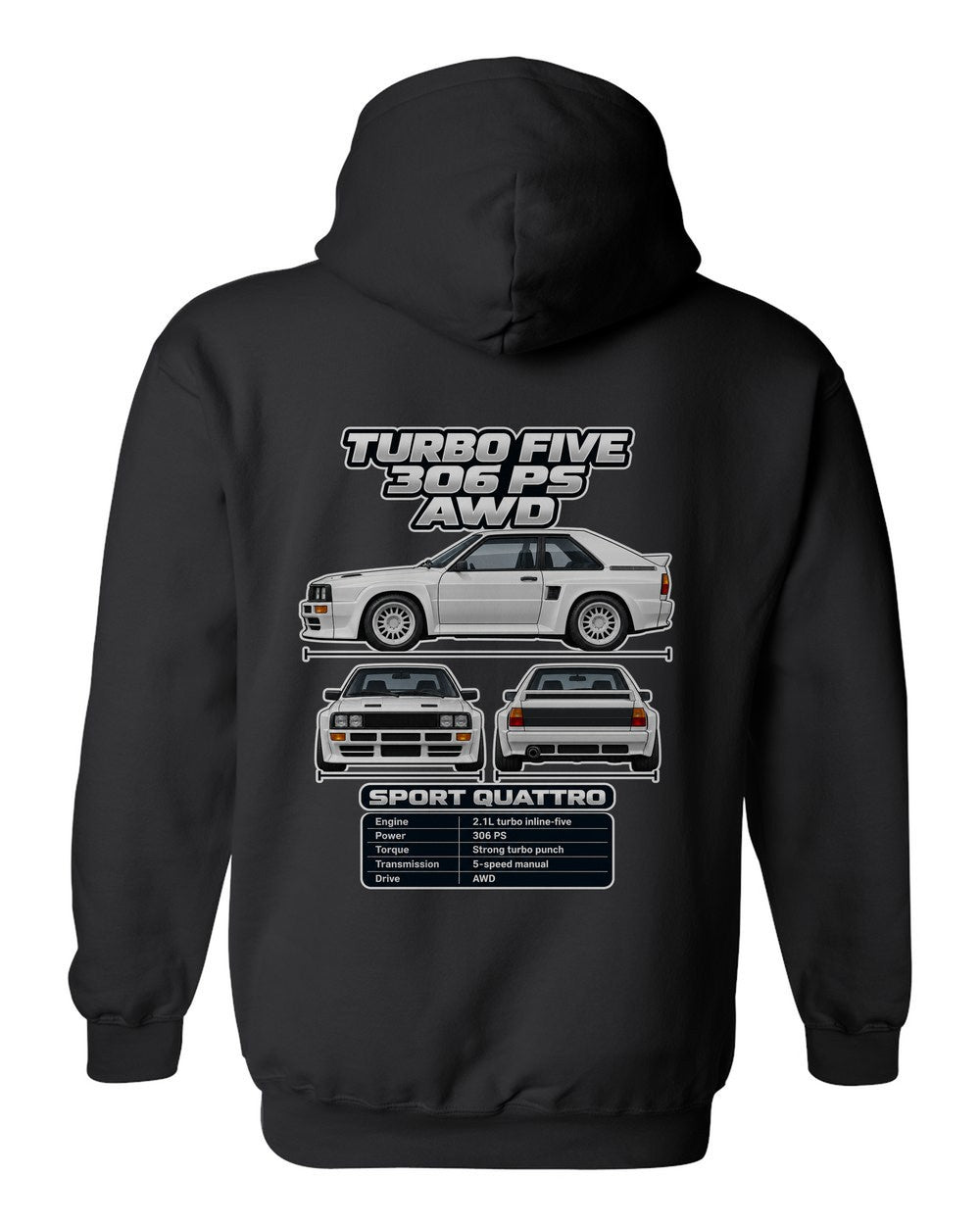 Audi Sport Quattro spec sheet black pull over hoodie back view with the design