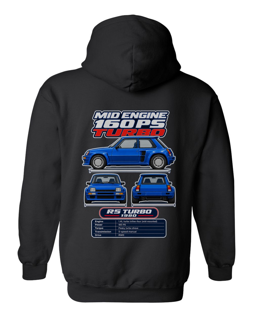 Renault 5 Turbo spec sheet black pull over hoodie back view with the design