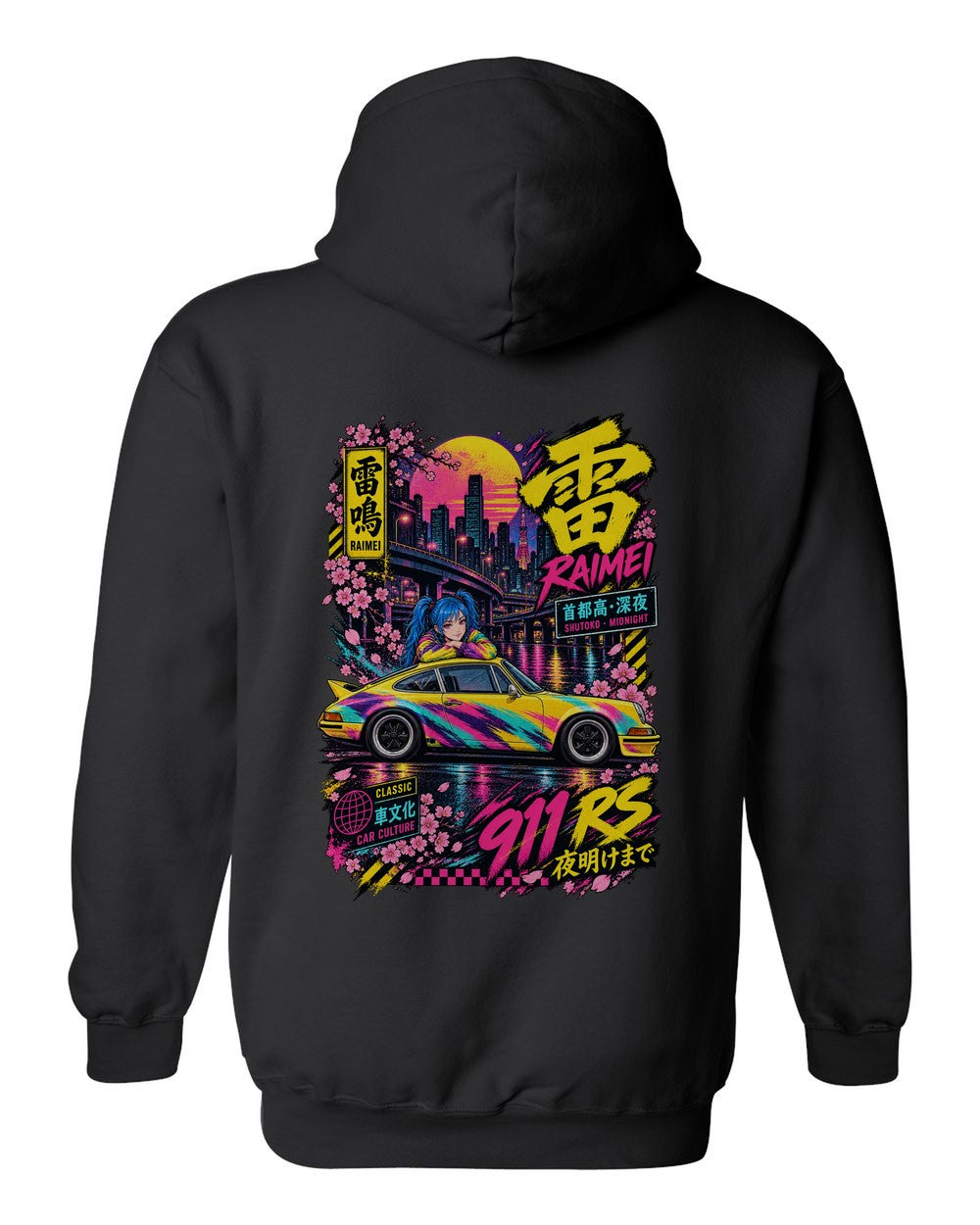 RAIMEI 911 RS full-back artwork black pull over hoodie back view with the design