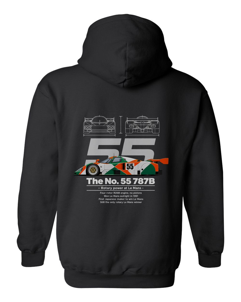 No. 55 787B black pull over hoodie back view with the design
