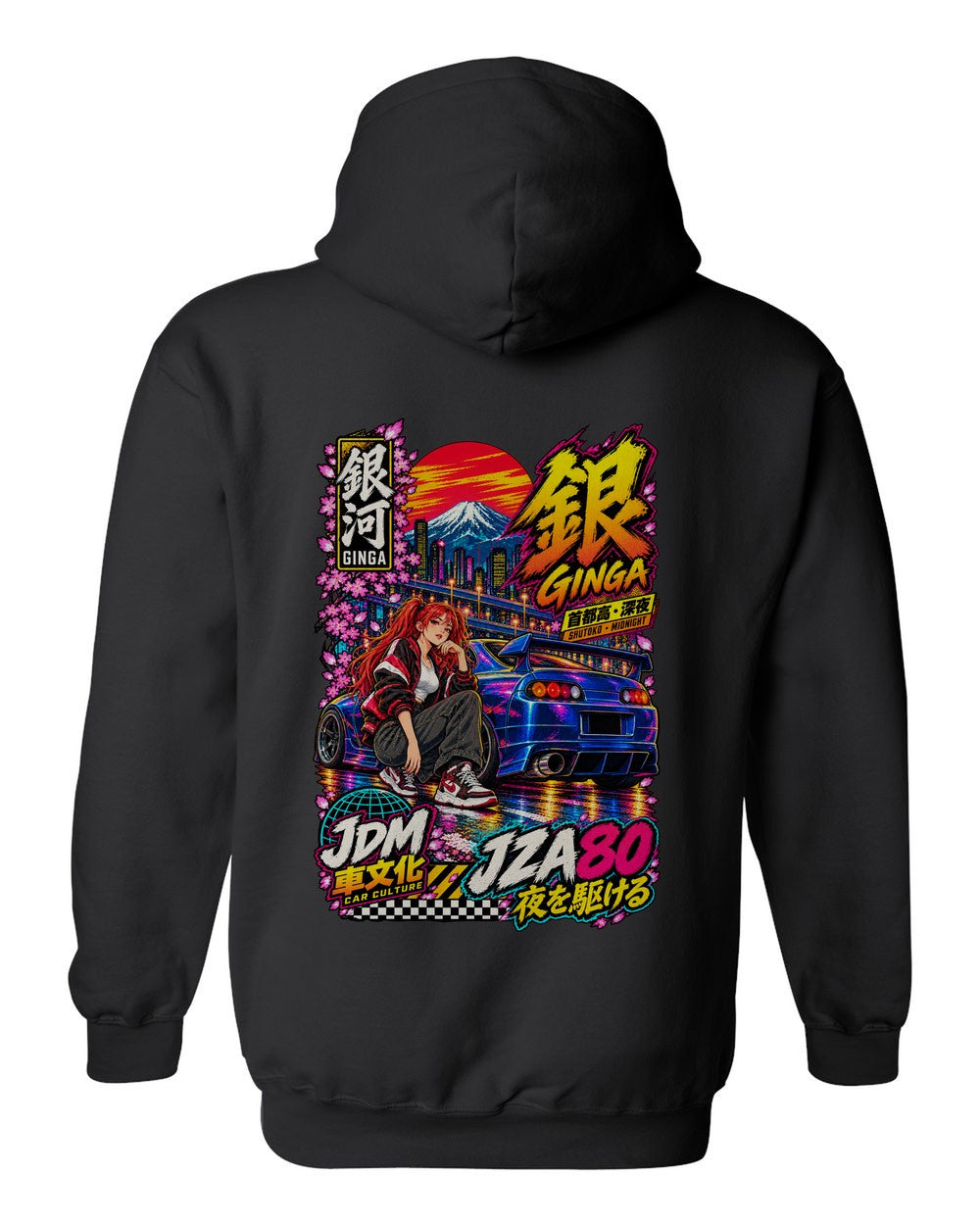 GINGA JZA80 full-back artwork black pull over hoodie back view with the design