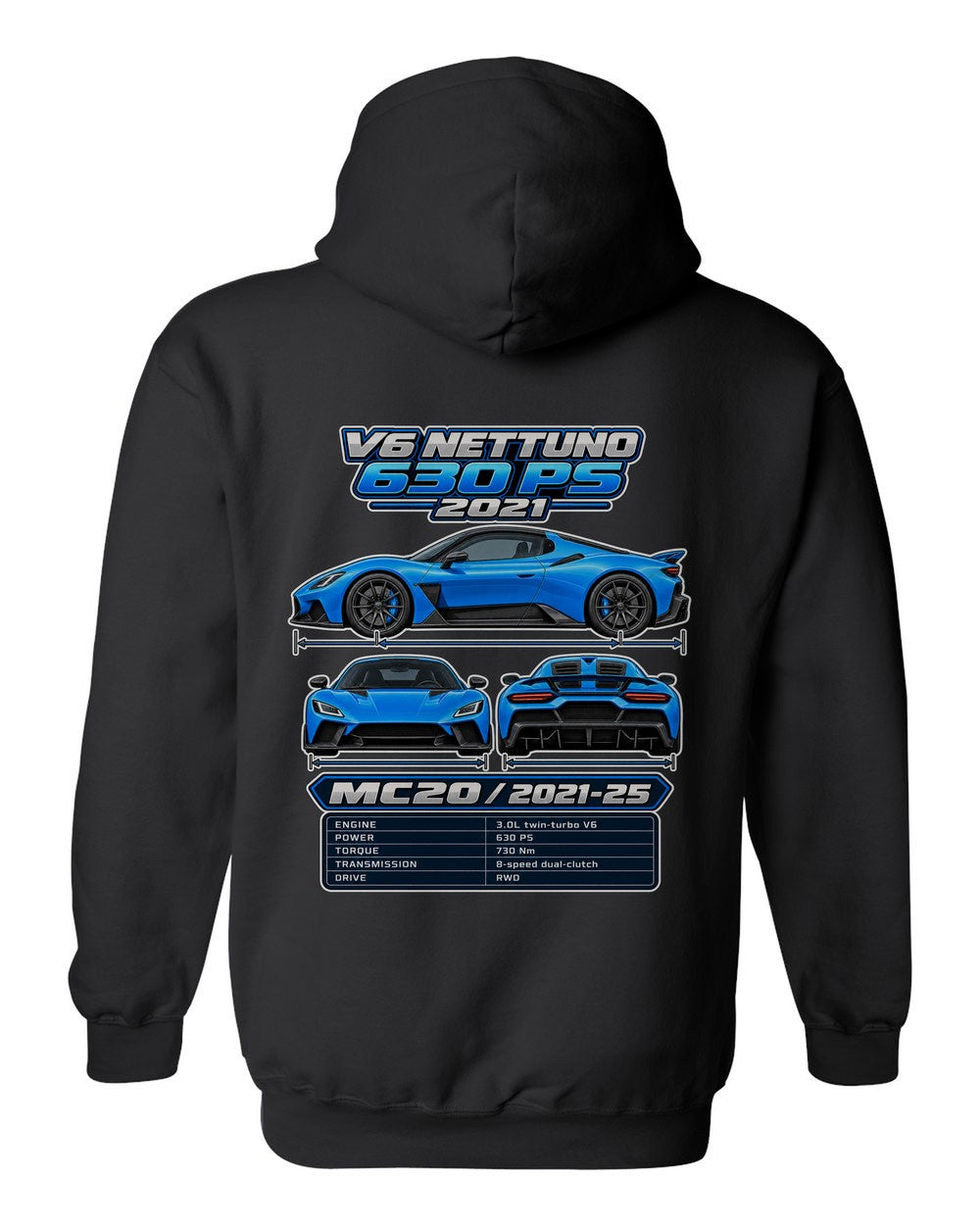 Maserati Mc20 spec sheet black pull over hoodie back view with the design