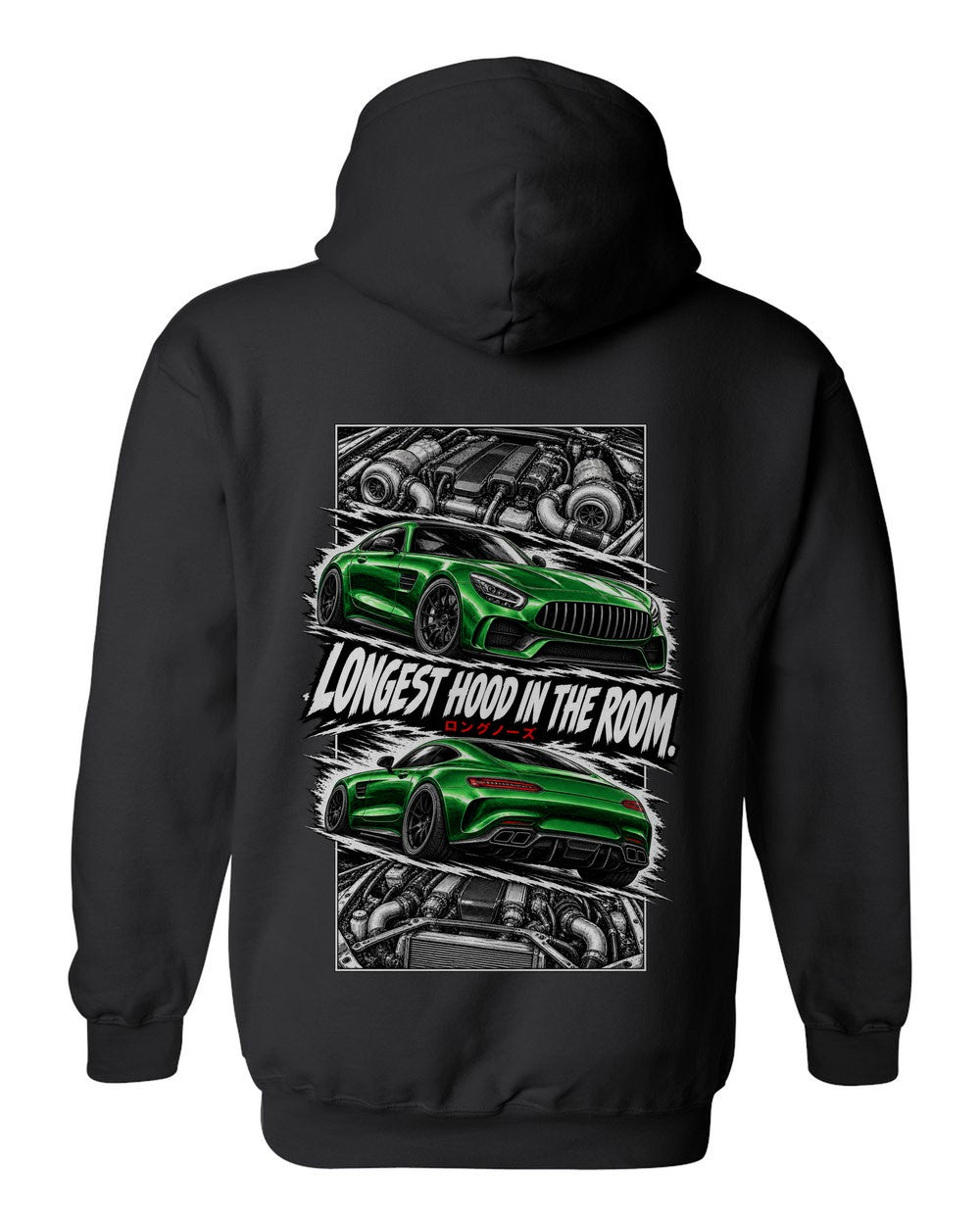 Mercedes-AMG Gt torn poster black pull over hoodie back view with the design