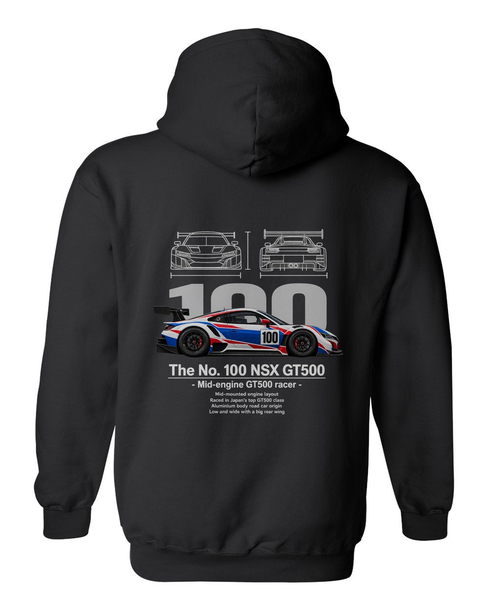 No. 100 NSX GT500 black pull over hoodie back view with the design