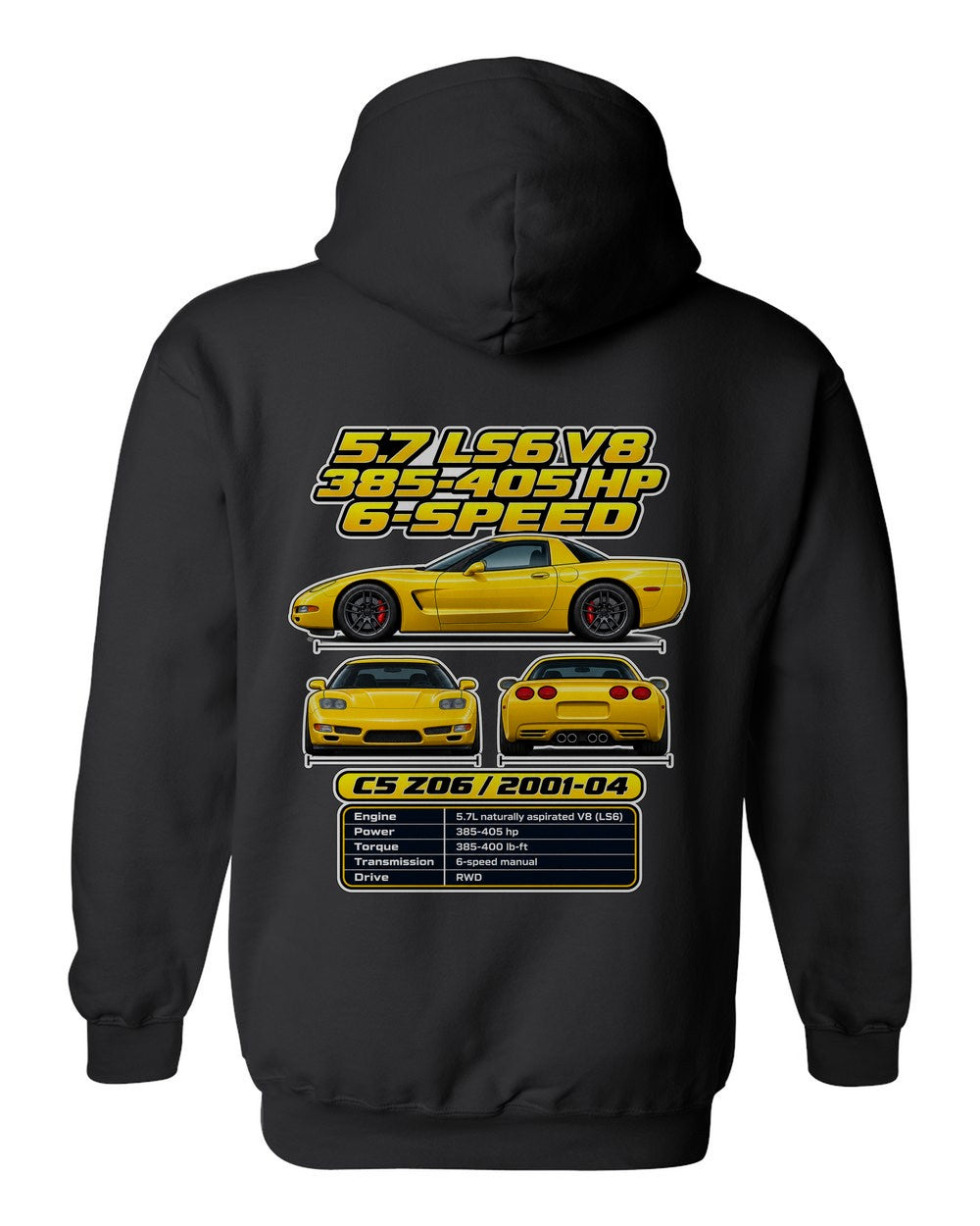 Chevrolet Corvette C5 Z06 spec sheet black pull over hoodie back view with the design