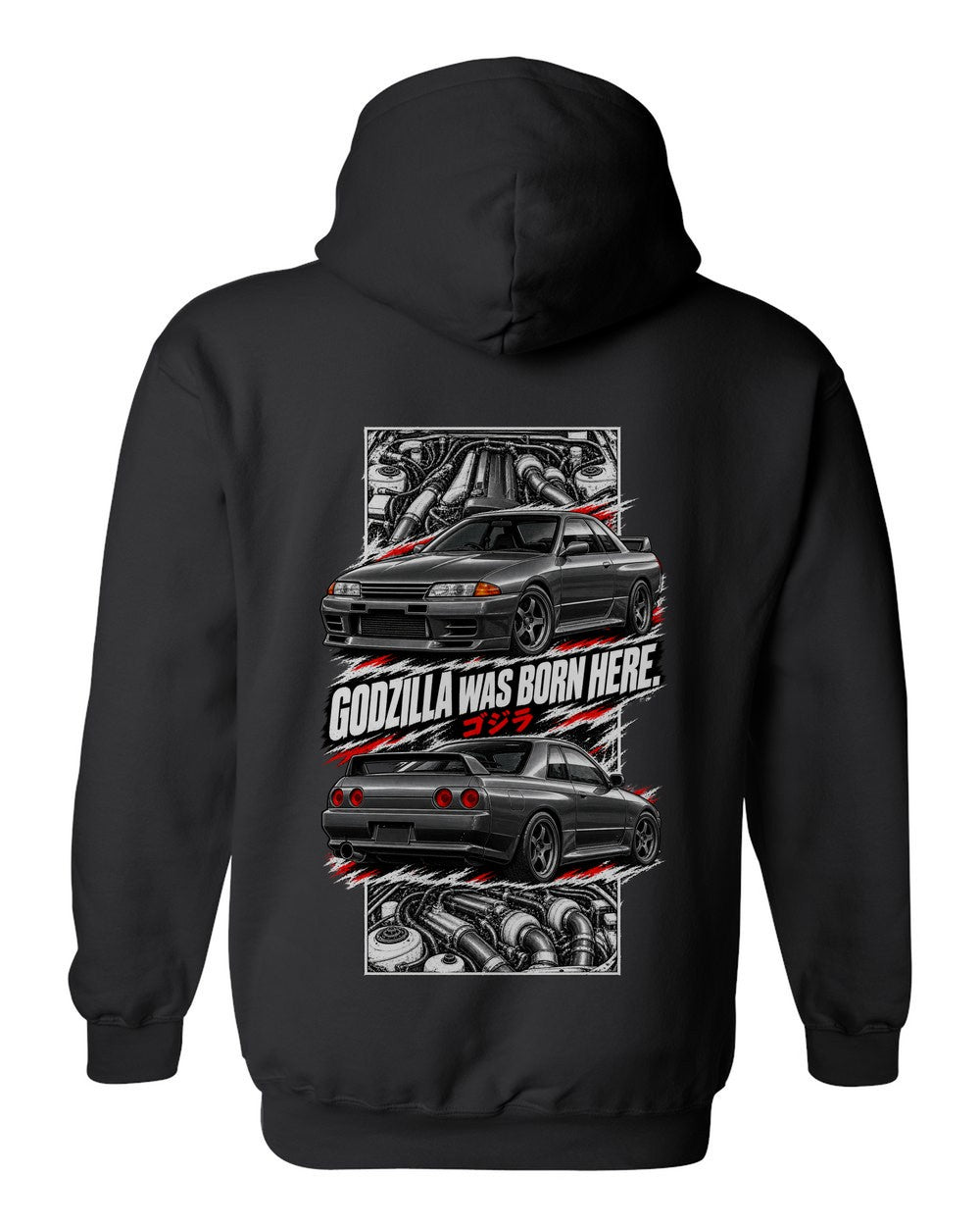 Nissan Skyline GT-R R32 torn poster black pull over hoodie back view with the design