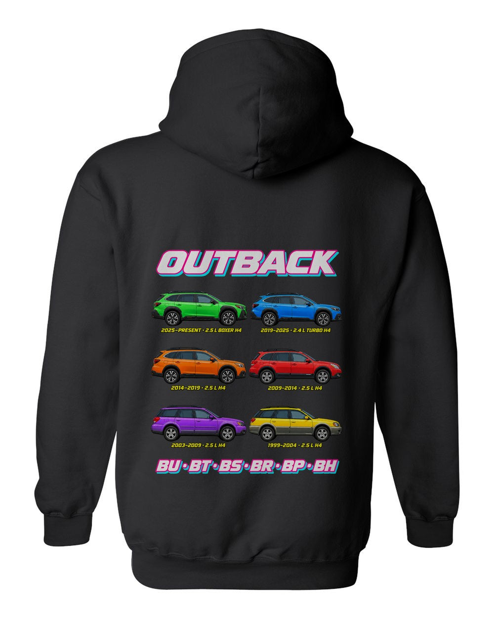 Subaru Outback evolution poster black pull over hoodie back view with the design