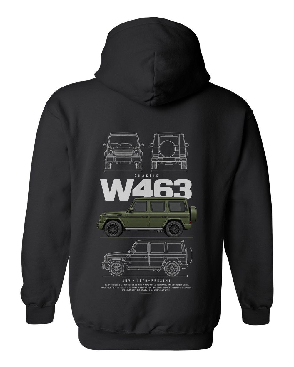 W463 full-back artwork black pull over hoodie back view with the design
