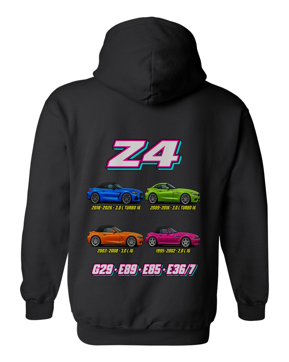 BMW Z evolution poster black pull over hoodie back view with the design
