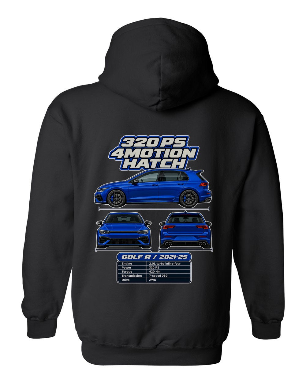 Volkswagen Golf R Mk8 spec sheet black pull over hoodie back view with the design