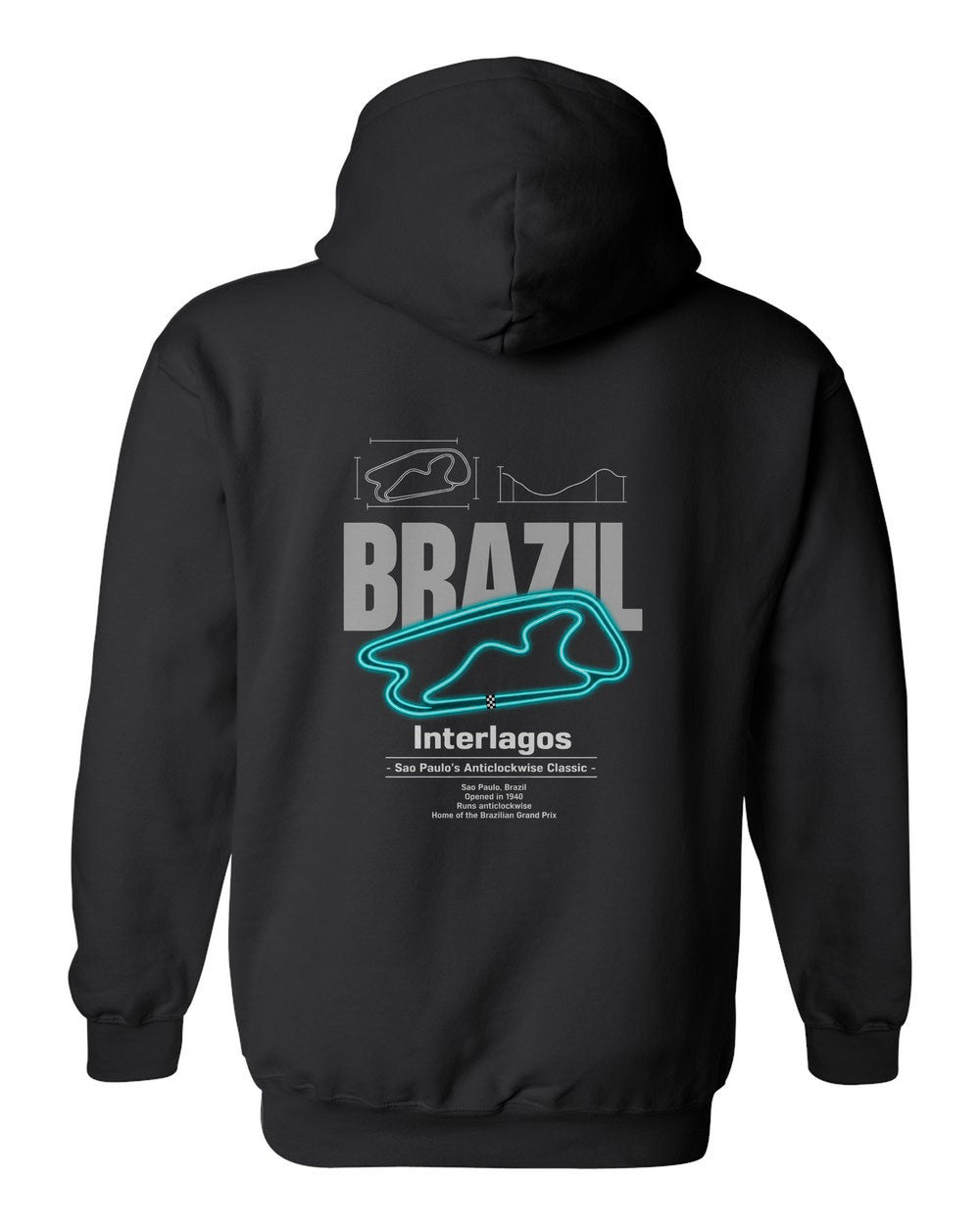 Interlagos black pull over hoodie back view with the design