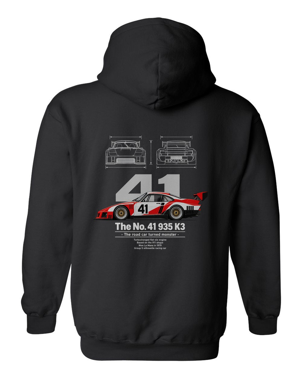 No. 41 935 K3 black pull over hoodie back view with the design