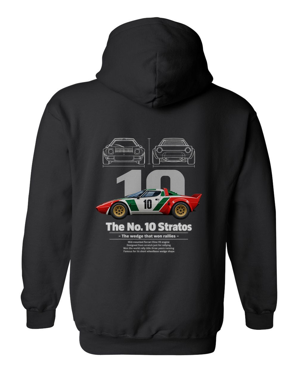 No. 10 Stratos black pull over hoodie back view with the design
