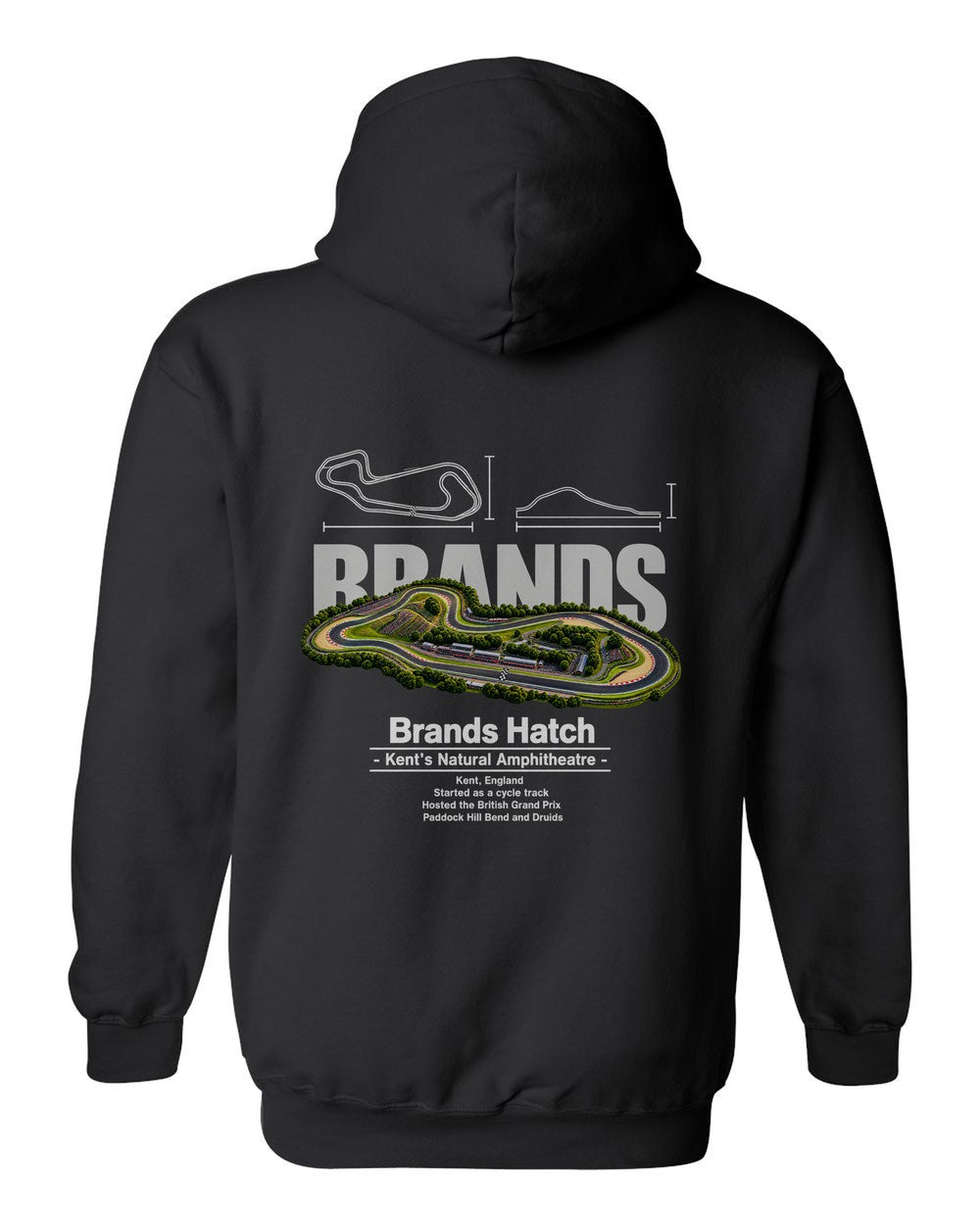 Brands Hatch black pull over hoodie back view with the design