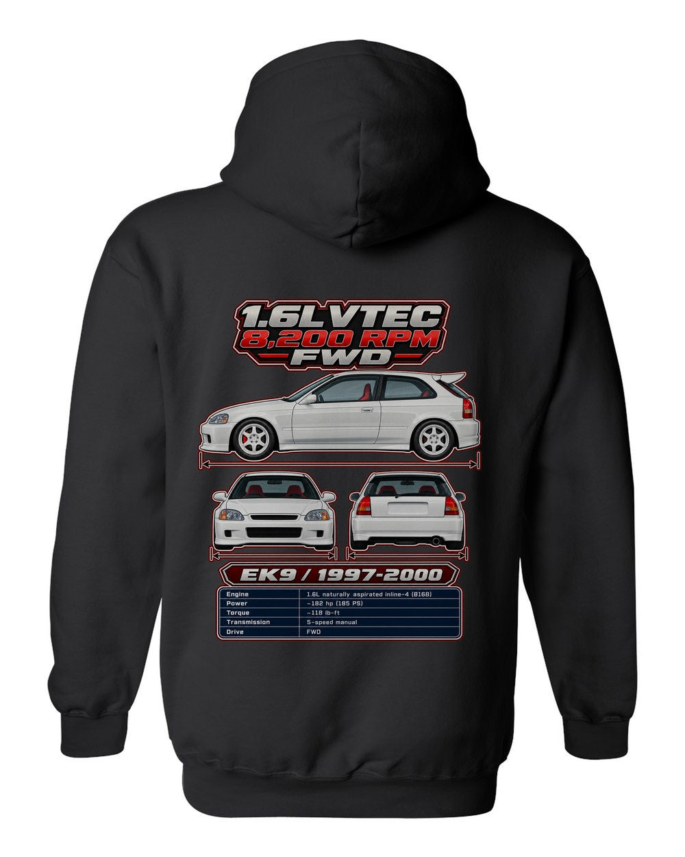 Honda Civic Type R Ek9 spec sheet black pull over hoodie back view with the design